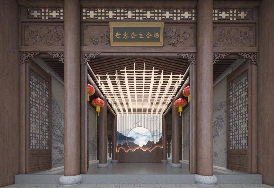 世客围主会场木构廊道，红灯笼高挂